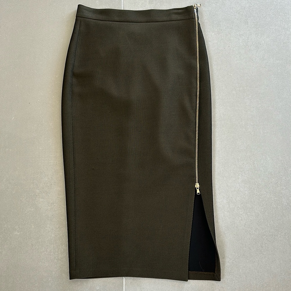 Zara Olive Green Pencil Stretch Midi Side Zipper Skirt Size Small